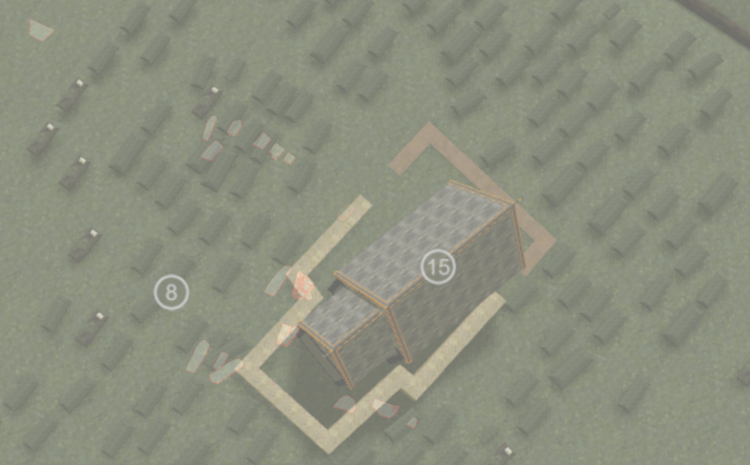 Udsnit af 3D model og arkæologisk lag med marking af stenfundamentet til kirken.